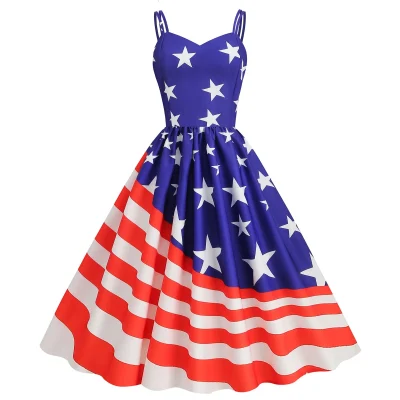 American Flag Pirnt Party Dress Sexy Sleeveless Suspender Formal Dresses for Women 4th Of July Large Swing Midi Dress Vestidos