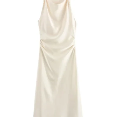 XNWMNZ 2024 Women's Fashion Satin Midi Dress Women High Street O Neck twisted armholes Waist Gathered Fit female