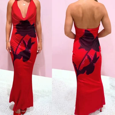 Elegant Floral Print Sleeveless Maxi Dress with V-Neckline and Open Back Design for Summer Parties and Events