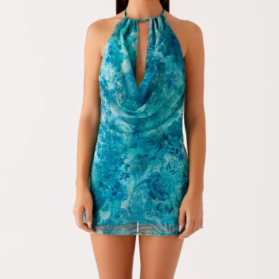 New Fashion Women Mini Halter Neck Dress Slim Leaf Flower Print Sleeveless Open Back Short Bodycon Dress S M L