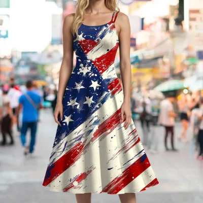 Women Vintage Cocktail Dresses Independent Day Printed Sleeveless Knee Length Retro A Line Flared