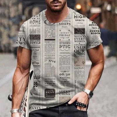 Classic Retro Old Newspaper Men's Printed T-shirt Casual Fashion Hip Hop Fun Loose Short Sleeve Street Trend Large Top