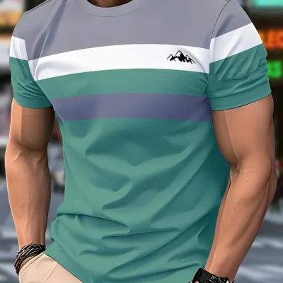 3D-Printed Color-Striped Men's T-Shirt Ship Anchor Pattern Short-Sleeve T-Shirt Harajuku Street Style Round-Neck T-Shirt Apparel