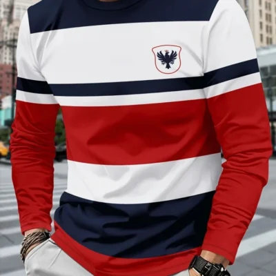 2025 New Men's Casual Long-sleeved Striped and Eagle Emblem Breathable Round-neck Long-sleeved T-shirt Multi-functional Clothing