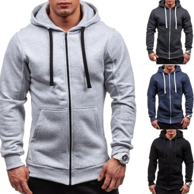 Men Hoodie Zipper Jacket Featuring Long Sleeve and Hooded Neckline Solid Color Casual Coat for Fitness Sports Activities